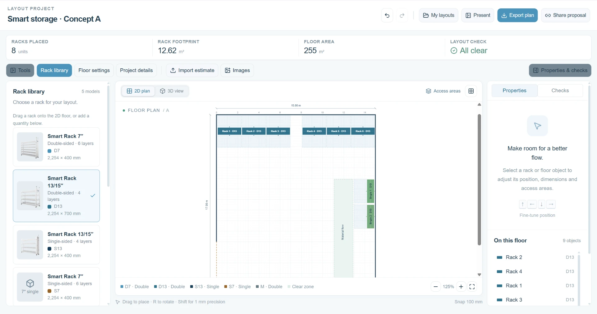 Nordec Floor Planner showing the rack library, a 2D floor plan with placed Smart Racks, and the properties and checks panel