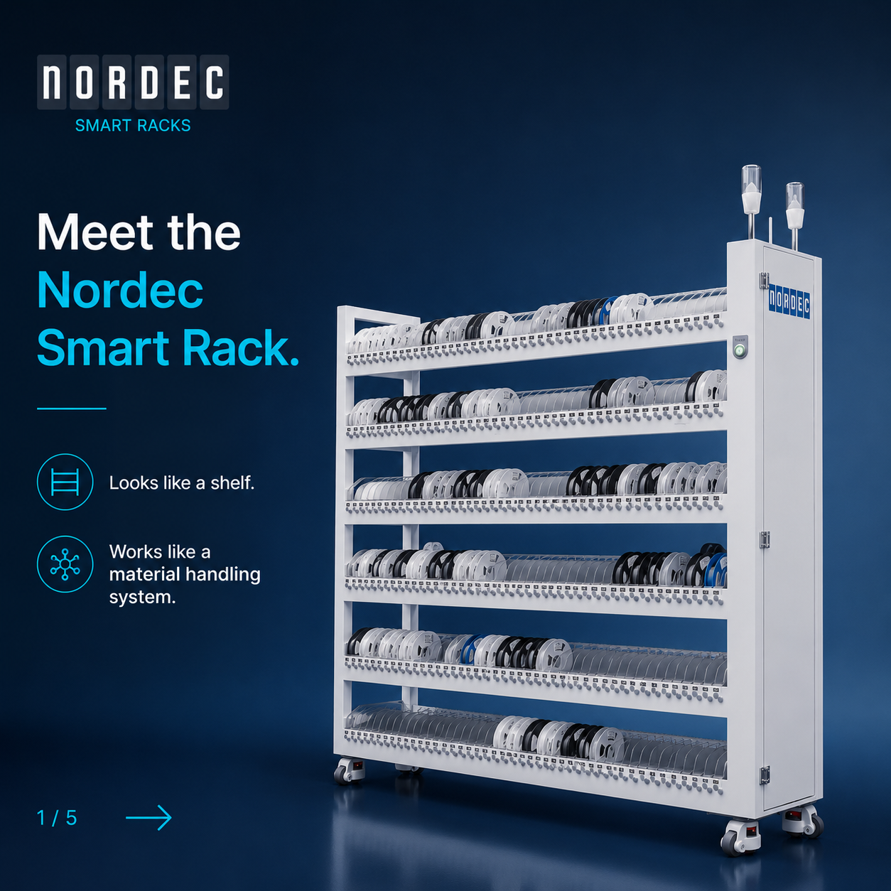 Nordec Smart Rack fully loaded with SMT reels — looks like a shelf, works like a material handling system