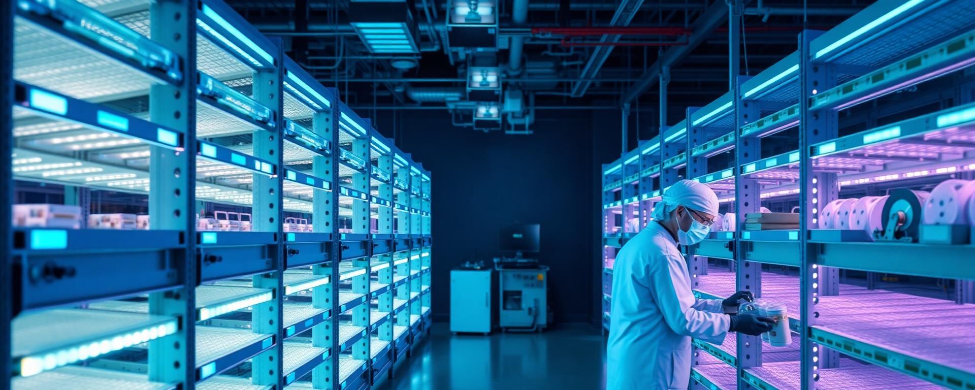 Operators picking reels in an SMT facility lit by Nordec smart racks