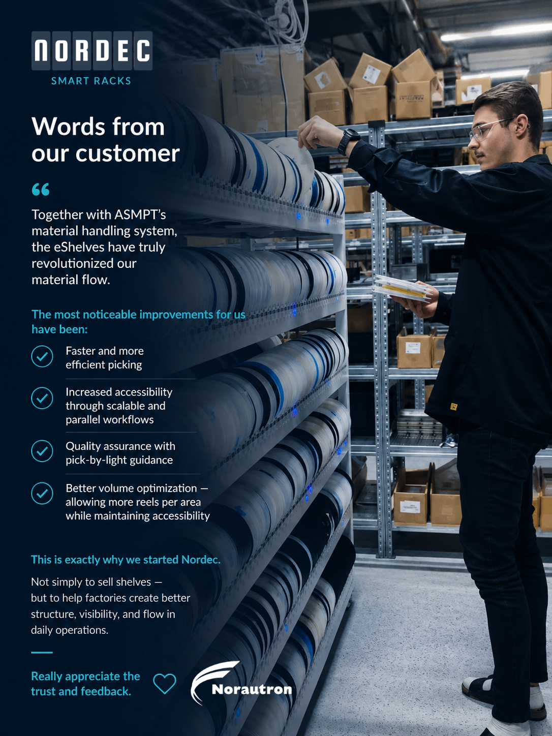 Operator picking SMT reels from a Nordec Smart Rack with pick-by-light guidance at Norautron